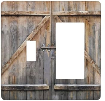 Old Country Western Cabin Barn Wood Door Decor Combo Single Toggle/Rocker Light Switch Cover Kitchen Vintage Style Wooden 2-Gang Double Device Combination Decorator Wall Plate GFCI Receptacle Cover