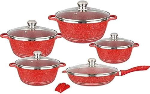Granite Cookware Set - 10 Piece Nonstick Aluminium Kitchenware with Glass Lids for Frying, Cooking, Stock - Marble Coated Pots and Pans - Home Essentials