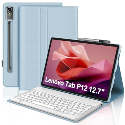 IVEOPPE Hülle mit Tastatur für Lenovo Tab P12 12.7 2023, Magnetische Kabelloser Bluetooth Abnehmbare QWERTZ Tastatur für Lenovo P12 Tablet 12,7 Zoll, Babyblau