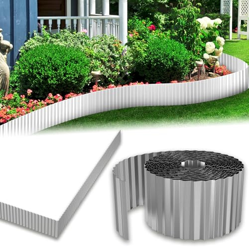 MAYTIIMO Verzinktes Metall Rasenkante, Wellenförmige Beetbegrenzung, 15cm Hoch, Flexibel Wurzelsperre und Mähkante, Einfach zu Montieren, Anpassbare Länge für Blumenbeet und Garten(10 M - Silber)
