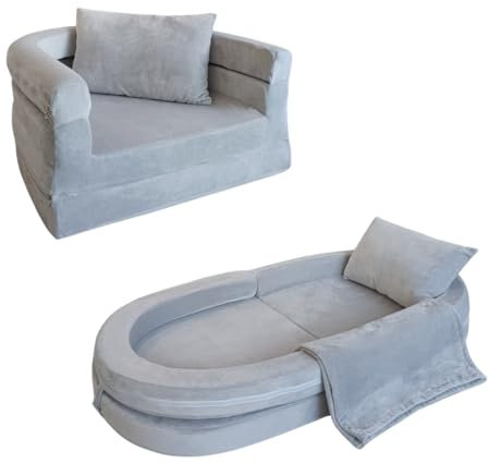 Wonder Space Vor-montiertes Kinder Schaumsofa mit Decke & Kissen, Kleinkind 3-in-1 Konvertierbares Sofa, Innen Zusammenklappbarer Lounger Stuhl & Klappbares Bodenbett für Jungen & Mädchen (Grau)