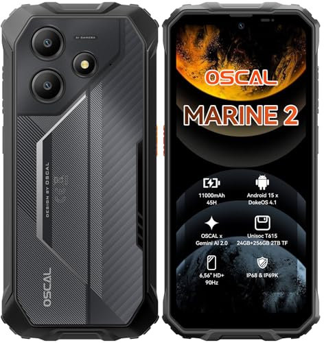 OSCAL Marine 2 Rugged Smartphone Android 15, 24GB RAM+256GB ROM+2TB, 11000mAh 18W, 6.56 90Hz Rugged Phone with AI 2.0, IP68/IP69K Waterproof 4G Dual Sim, NFC/OTG/GPS-2025 for Men