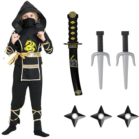 ELINA Set Costume da Ninja,Costume da Ninja per Bambini con nastri e Ninja in Plastica Spada Freccette baionetta per Festa Halloween Carnevale Cosplay