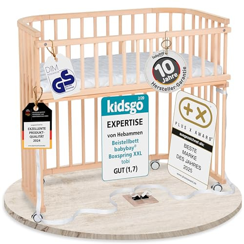 babybay Boxspring XXL Beistellbett, Natur lackiert, mit Matratze, Gitter und Rollen