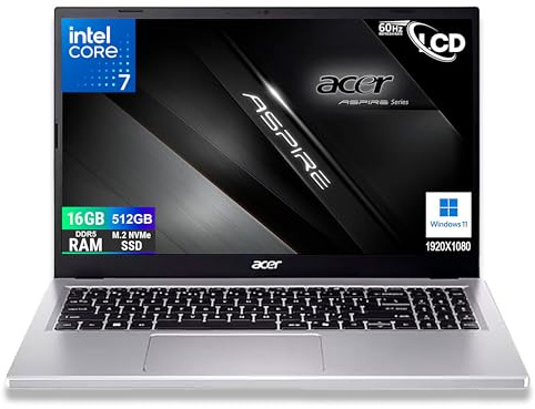 acer Ordinateur portable Aspire Silver Intel Core i7-13620H 13Th Raptor Lake, 10Core, écran FullHD 15,6, RAM 16 Go DDR5 5200 Mhz, SSD PCIe NVMe 512 Go, Wi-Fi6, BT, 2 USB, 2 USB type-c, Windows 11