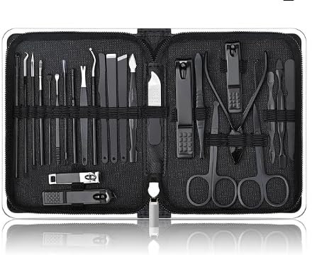Arvoni Kit Manucure, 20 Pièces Kit Manucure Pedicure en Acier Inoxydable, Kit Pedicure Professionnel, Set Coupe Ongle, Kit de Soins des Ongles avec Étui en Cuir Portable, pour Hommes Femmes Noir