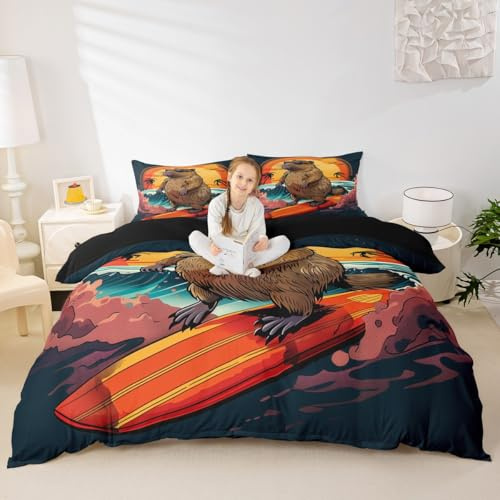 Erosebridal Cute Beaver Duvet Cover Full Size for Home, Wild Animal Bedding Set for Kids Teens Youth Bedroom, Wildlife Comforter Cover, Funny Beach Palm Tree Bed Set