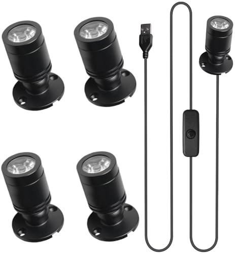 4 pièces Mini Spot LED, 5V 3W USB Projecteur 360° Pivotant Aluminium Spot Accent Lumière pour Photos Luminaire de Placard Éclairage de Couloir Bijoux Vitrines - Blanc Chaud 3000K (4)