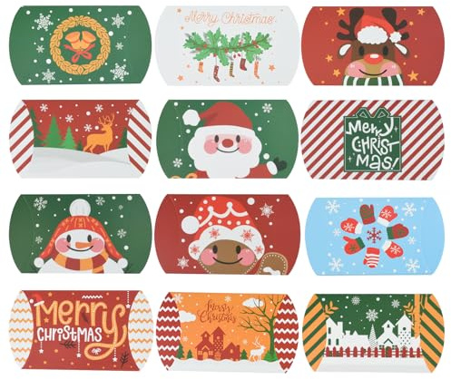 TAIYOU 48 Stück Weihnachten Geschenkbox Klein Kissen Form Süßigkeiten Box Kraftpapier Geschenkschachtel Geschenkkarton Merry Christmas Süßigkeiten Box Keksschachtel für Geschenke 12 Designs