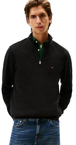 Tommy Hilfiger Herren-Sweatshirt, mittelschwer, gerippt, 1/4-Reißverschluss, Schwarz, X-Large