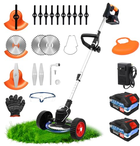 ALSO GO 24V Electric Weed Wacker, Cordless Grass Trimmer with 2 Batteries & Charger, 3 in 1 Stringless Brush Cutter/Weed Eater/Edger/Lawn Mower with 3 Types Blade & Wheels for Garden and Yard Lawn