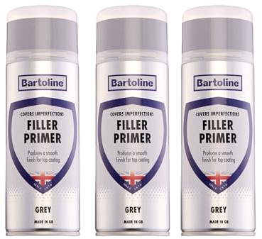 Bartoline Filler Primer Grey Spray Paint 400ml – 3 Pack High Build Filler Primer for Metal, Plastic and Wood Smooth Finish, Quick-Drying - DIY and Automotive Use