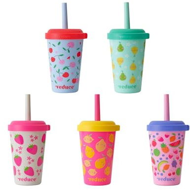 REDUCE GoGo's Kids 5-Pack 12oz Tumbler Cups with Lids & Spill-Proof Straws | Portable, stackable tumblers, twist-on lids, easy storage, dishwasher safe, Fruity Cutie
