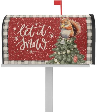 Christmas Squirrel Mailbox Covers Magnetic Standard Size 21 X 25.5 Inch Stand on Xmas Tree Red Linen Decorative Mailbox Cover Post Letter Box Wrap for Garden Yard Home Outdoor Decoration