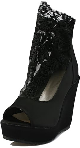 LarDorLin Bride Peep Toe Eté Compensées Bottes de Cheville Elegant Mariage Plateforme Dentelle Fleur Mesh Bottines Zip Noir Taille 45 EU (47 CN)