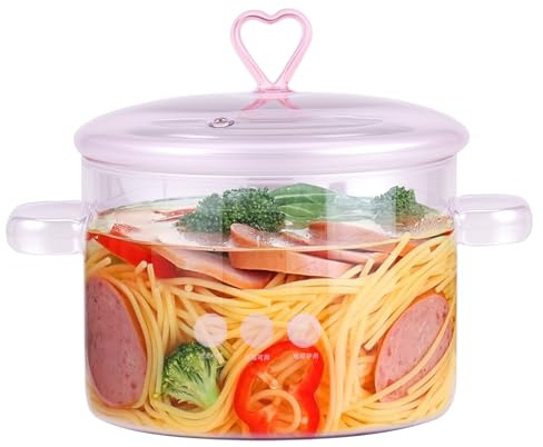 1.5LGlass Saucepan with Cover, Glass Cooking Pot with Lid and Handle, Pink Transparent Thickened Simmer Pot Heat Resistant Saucepan Stockpot for Pasta Soup Vegetable