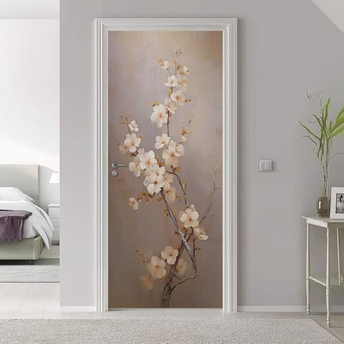 Türtapete Selbstklebend Abnehmbar 77 x 200 cm PVC TürPoster, Beige Pflanzen Blumen Östlich Thema Türaufkleber Wasserfest Türfolie für Schlafzimmer Küche Gang Badezimmer