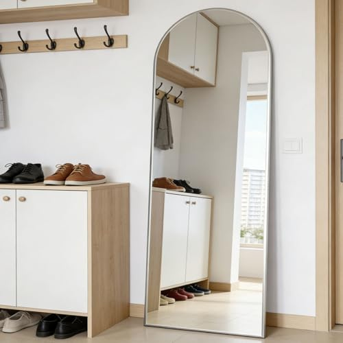 CASSILANDO Bogen-Ganzkörperspiegel, 162x53cm Bodenspiegel, Bodenspiegel Freistehender Ganzkörperspiegel mit Ständer für Schlafzimmer, Hängender montierter Spiegel für Wohnzimmer Garderobe, Silber
