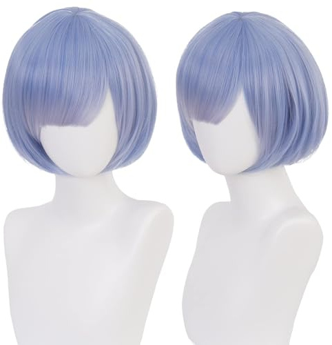 Re Zero Starting Life in Another World Lila Mujeres Rem Cosplay Peluca de pelo corto liso con flequillo, adecuado para festivales, fiestas de disfraces de Halloween y convenciones de anime