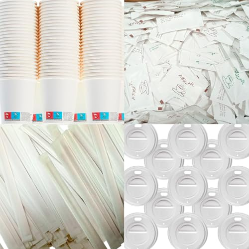 Adri 200 Vasos de Café Desechables con Sobres de Azúcar y Paletinas de Madera, con la opción de escoger tapas para tapar si lo desea (200, Blanco con tapas, Grande)