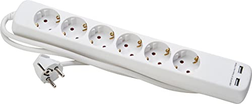 Kopp 6-Fach Steckdosenleiste + 2X USB-Anschluss 2.100 mA, 1,4m Kabel I Mehrfach-Steckdose mit erhöhtem Berührungsschutz I Steckerleiste Indoor- / Innen-Bereich I Arktis-Weiß – 220802013