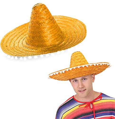 Mexikansk orange sombrero med vita pompoms – stråhatt maskeraddräkt idealisk för höns/svensexa, sommar, strandfest, grossist – paket med 1