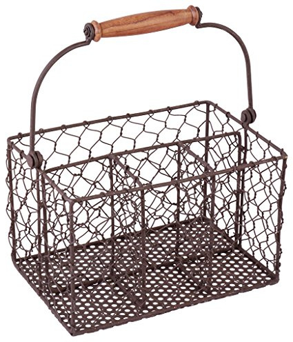 Dibor Rustic Farmhouse Chicken Wire Four Compartment Cutlery Caddy Basket | Recycled Metal, Hand Woven Wire, Carrying Handle, Wooden Finish Handle