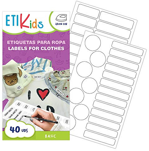 Anpassbare Etikids 40 Kleidungsetiketten Set, Ideal für Kindergarten und Schule, Vinyl Material, 4 Verschiedene Größen, Waschmaschinenfest bis 60°C - Farbe: Basic