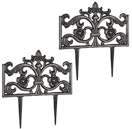 Relaxdays 2er Set Beetzaun Gusseisen, mit Erdspieß, einfaches Stecksystem, Zierzaun, nostalgisch, H x B x T 37 x 36 x 2 cm, Bronze