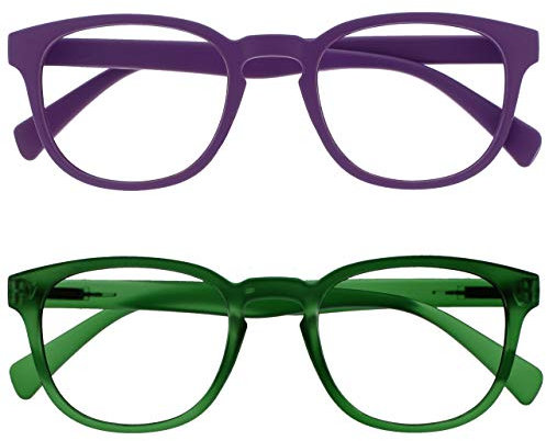 OPULIZE Pop Gafas de Lectura Pack de 2 Redondas Violeta y Verde Musgo Satinado Bisagras con Muelle Resistentes a los Arañazos Hombre Mujer RR2-56 +1.00