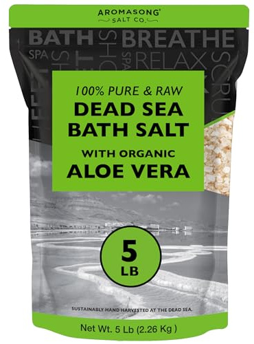 Aromasong 5 lbs Raw Dead Sea Salt with Organic Aloe Vera, not Cleaned, Still Contains All Dead sea Minerals Including Dead sea Mud, Fine Medium Grain Large resealable Bulk Pack (Packaging May Vary)
