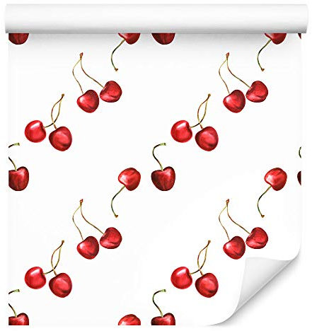 Wallepic Tapete Blätter 1000 x 53 cm Vlies Wand Tapete Fototapete Früchte Obst Rot Kirschen Grün Vliestapete Wohnzimmer Schlafzimmer Küche Flur Moderne Wandbild