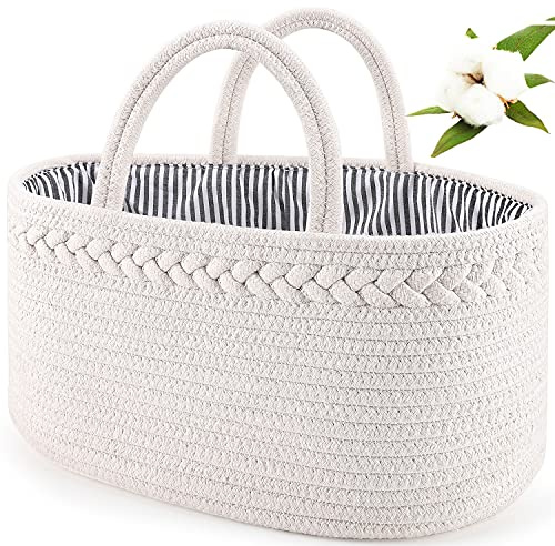 ABenkle Baby blöja Caddy Organizer handgjord bomullsrep barnkammare förvaringsfack för pojkar/flickor, bärbar skötförvaringskorg för skötbord/bil – perfekt för baby shower, jul (vit)