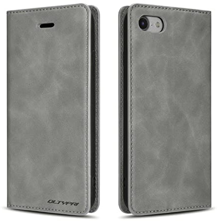 QLTYPRI Hülle für iPhone SE 2022 5G/iPhone SE 2020/iPhone 8/iPhone 7, Premium Dünne Ledertasche Handyhülle mit Kartenfach Ständer Flip Schutzhülle Kompatibel mit iPhone 7/8/SE 2/SE 3 - Grau | Retro PU Leder Klapphülle, Handyhülle mit 3 Kartenfächer, Standfunktion, Weicher Dünne TPU-Rahmen, Stoßfeste Flip Wallet Case