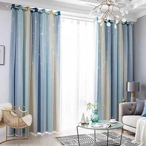Gardin för Barnrum Stjärngardiner med Voile – Stjärngardiner med öglor Mörkläggningsgardin, 1 Stycken (Blå 132x160cm)