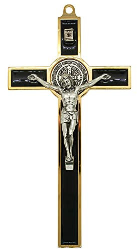 Kleines Heiliger Benedikt-Wandkreuz,Schutzpatron der Studenten,14.6 cm hoch,goldfarbene Akzente, Erstkommunion und Konfirmation,christliche Heimdekoration (schwarz)