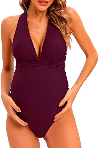 LISEFO Umstandsbadeanzug Umstandsbademode V-Ausschnitt Rücken Kreuz Einteiliger Rückenfrei Umstands Bikini,Rotwein,XL