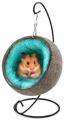 Stronrive Kokos Hängematte für Kleine Tiere - Hängendes Vogelnest Mit Kokosnuss Versteck - Hamsterbett Mit Weicher Matte für Mäuse, Papageien, Igel, Meerschweinchen