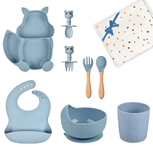 TudoBem Vajilla Bebe Silicona [8 Piezas], Plato Ventosa Bebe + Babero Antiderrame Regulable + Cuenco antivuelco + Cuchara/Tenedor 1ª Y 2ª Edad + Vaso, Regalo Nacimiento, Refrigerador, Microondas