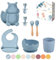 TudoBem Vajilla Bebe Silicona [8 Piezas], Plato Ventosa Bebe + Babero Antiderrame Regulable + Cuenco antivuelco + Cuchara/Tenedor 1ª Y 2ª Edad + Vaso, Regalo Nacimiento, Refrigerador, Microondas