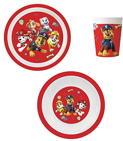 Procos DY10273866 - Set festa Paw Patrol riutilizzabile, piatto, ciotola e tazza, stoviglie riutilizzabili, decorazione per la tavola, decorazione di compleanno