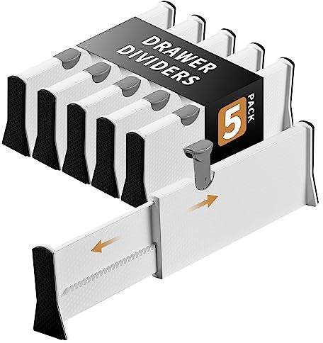 Cinnani Divisori per Cassetti Regolabili, Set di 5 Separatori per Cassetti in Plastica, Estensibili da 27,8 cm a 43,5 cm, Divisori Cassetti Per Cucina, Bagno, Camera da Letto, Cassettiera, Ufficio