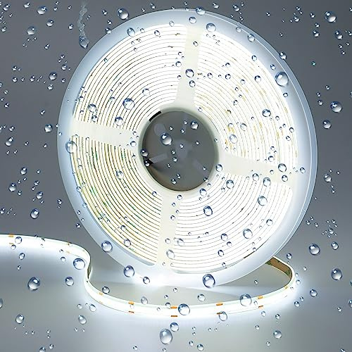 GOMING 10M/32.8ft 24V COB LED Strip Light Waterproof IP65 Cool White 6000K | Uniform Glow 3840LEDs CRI 93+ Flexible LED Tape Lights for DIY Cabinet Bedroom Kitchen Home Decor(Power Supply not Included)