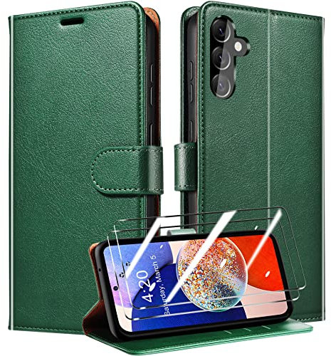 QHOHQ Handyhülle für Samsung Galaxy A14 4G/5G Hülle mit 2 Stück Panzer Schutz Glas, Premium Leder Schutzhülle, [RFID Sperrung Schutz], Magnetische Schnalle, Multifunktional, Stoßfest - Grün