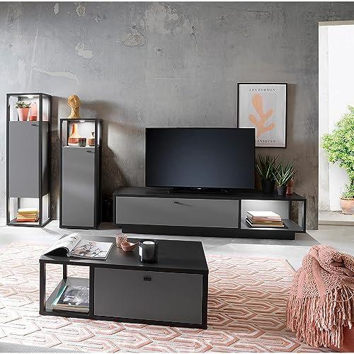 Lomadox Wohnzimmermöbel Set Wohnwand grau 4-teilig Modern mit anthrazit, 2 Highboards, 1 Lowboard, 1 Couchtisch