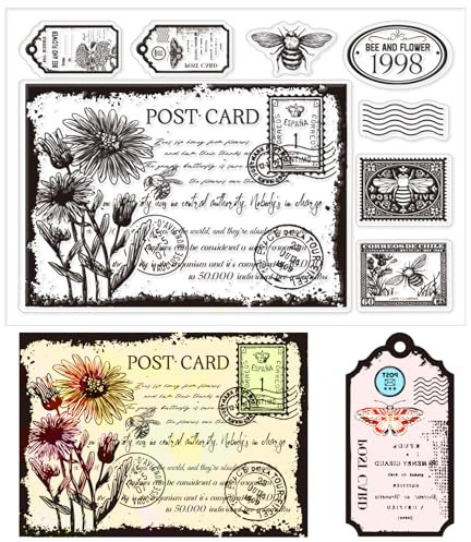 CHGCRAFT Postkarte Transparente Stempel Blume Mit Biene Silikonstempel Bienenhintergrund Transparente Stempel Für Kartenherstellung DIY Scrapbooking Fotoalbum Dekoration 5.83x8.23 Zoll
