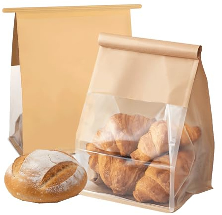 Roppolo 50 Pcs 6.3 Inch Bread Bags with Tin Tie, Medium Loaf Bags Made Of Brown Cotton Paper, Storage Packing Bag with Clear Window for Bakery, Cafe, Homemade Bread