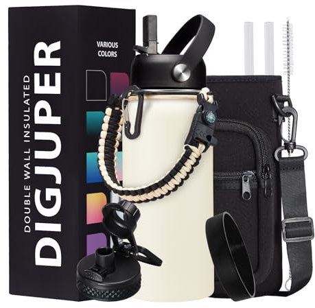 DIGJUPER Insulated Water Bottle - 32oz 40oz 64oz Water Bottles with Straw & Spout Lids, Carrier Bag, Paracord Handle and Flask Boot, Reusable Stainless Steel Water Bottle, Metal Canteen Mug for Work