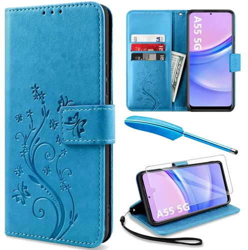 YIRSUR for Samsung Galaxy A55 5G Case with Screen Protector and Touch pen, Leather Flip Wallet Women Men Case Magnetic Closure Cover with Card Slots and Kickstand for Galaxy A55 5G Phone Cover Blue