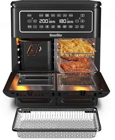Breville Halo Flexi Air Fryer & Large Mesh Tray | Digital Dual Air Fryer Oven | 11L: Serves 10+ | FryBakeGrillRoast & Reheat | 2400 W | Save £65 a Year on Energy Bills* | Black [VDF138]